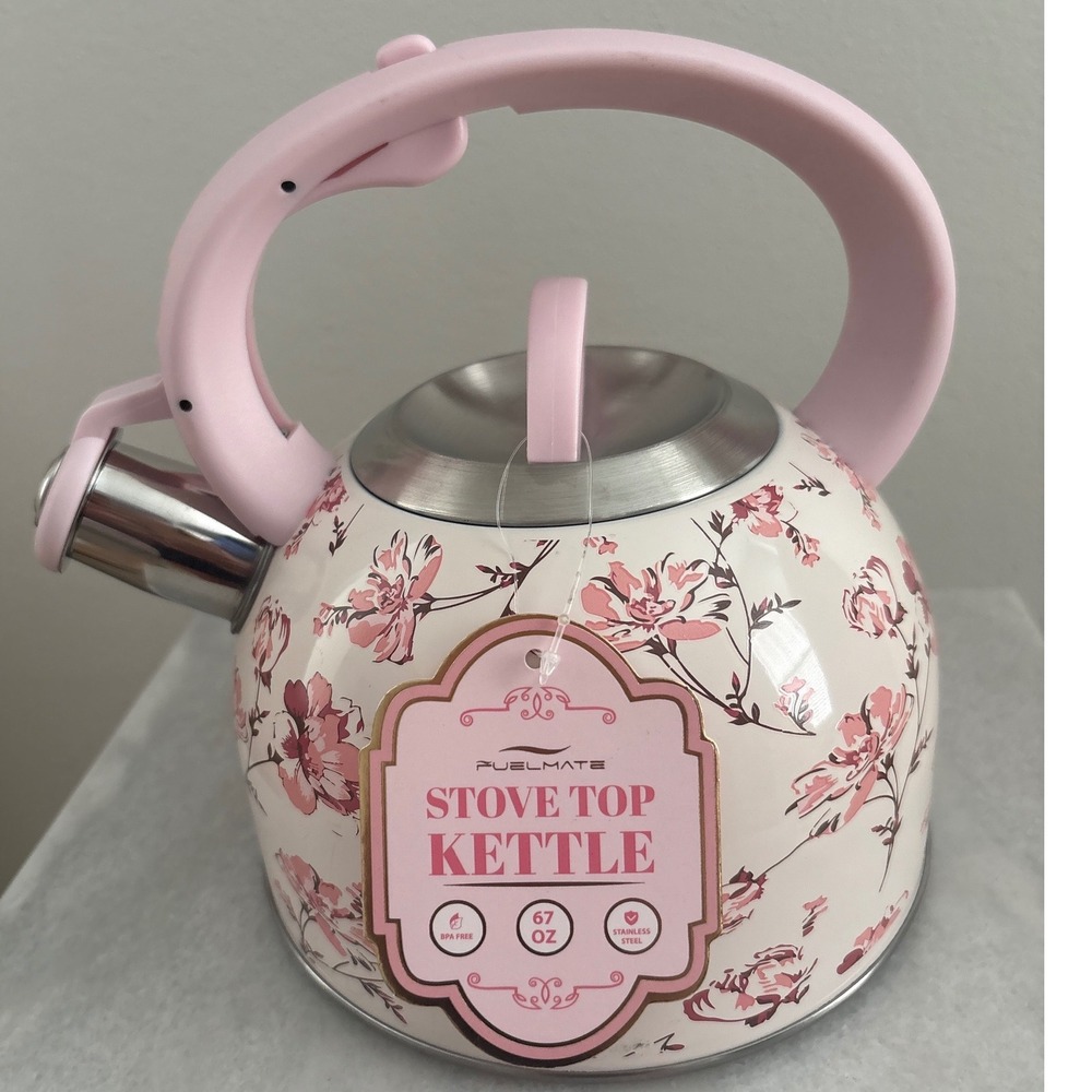 Fuelmate Stove Top Kettle Pink Floral Stainless Steel Whistling Tea Pot NEW